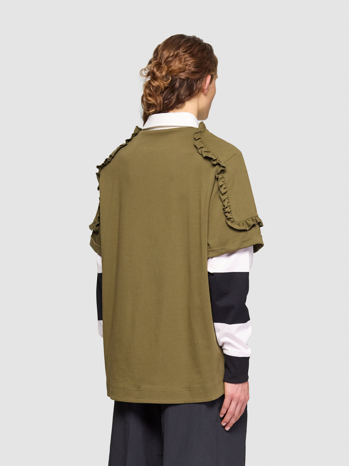 Layered Ruffle Rugby Shirt in Khaki & Pearl