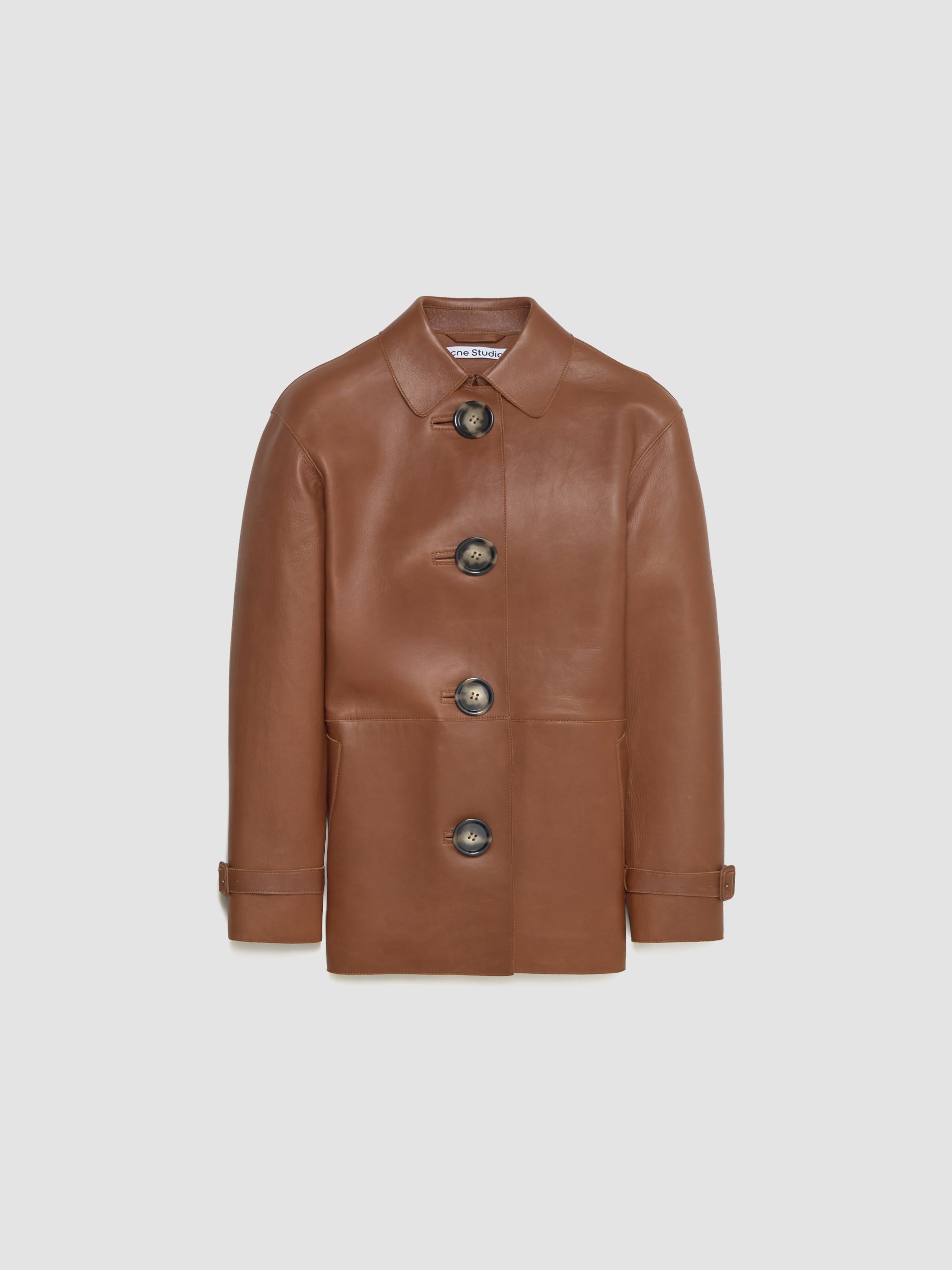 Buttoned Leather Jacket in Cognac Brown