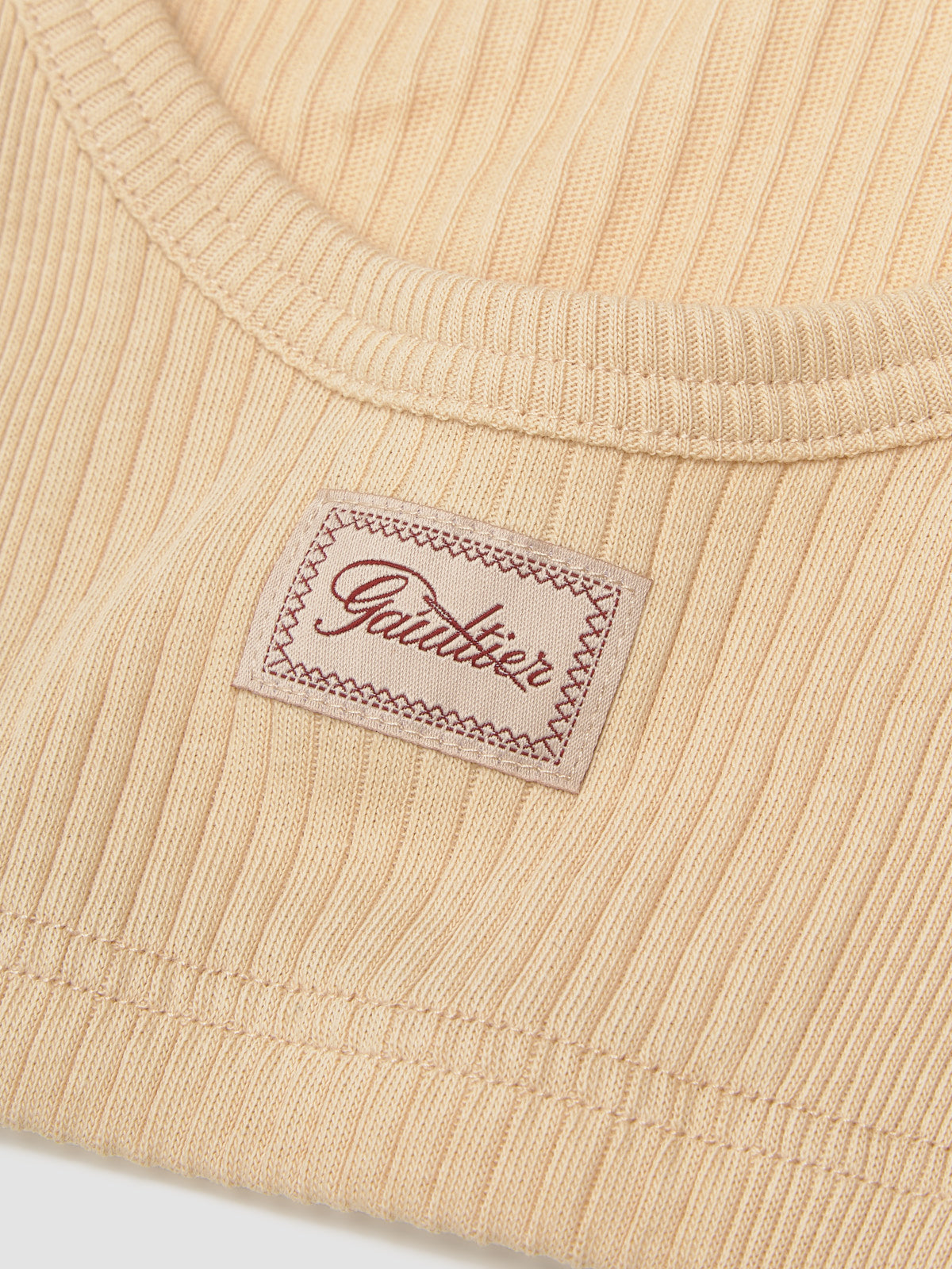 Ribbed Bra with "Gaultier" Patch and Overall Buckles in Nude