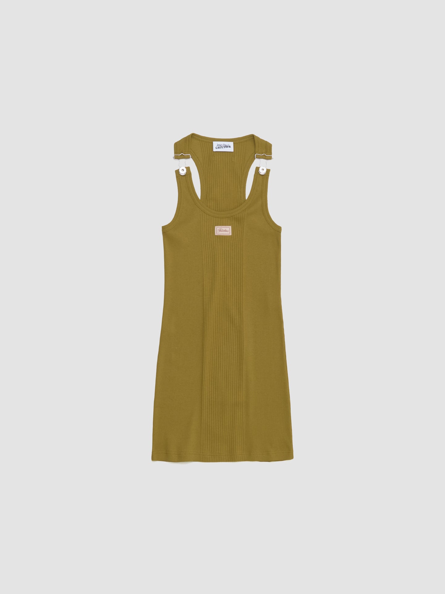 Ribbed Short Dress with "Gaultier" Patch and Overall Buckles in Green
