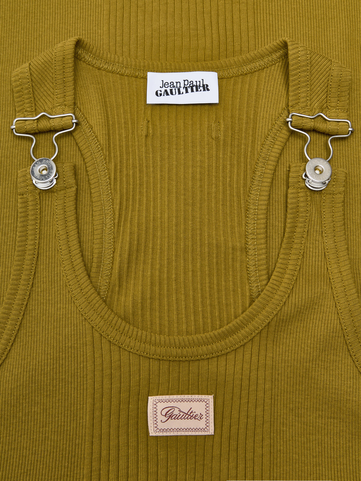 Ribbed Short Dress with "Gaultier" Patch and Overall Buckles in Green