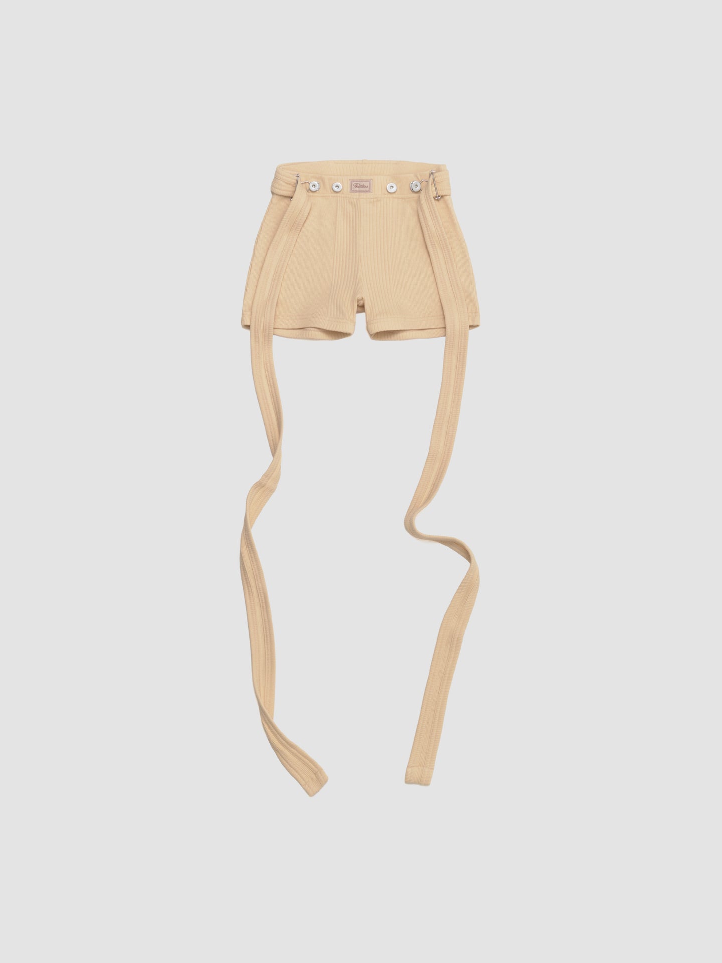 Ribbed Shorts with "Gaultier" Patch and Overall Buckles in Nude