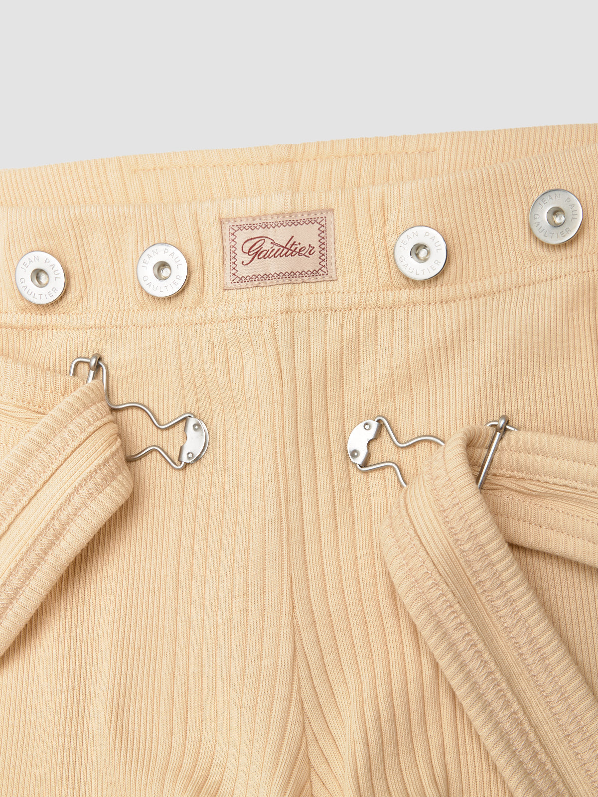 Ribbed Shorts with "Gaultier" Patch and Overall Buckles in Nude