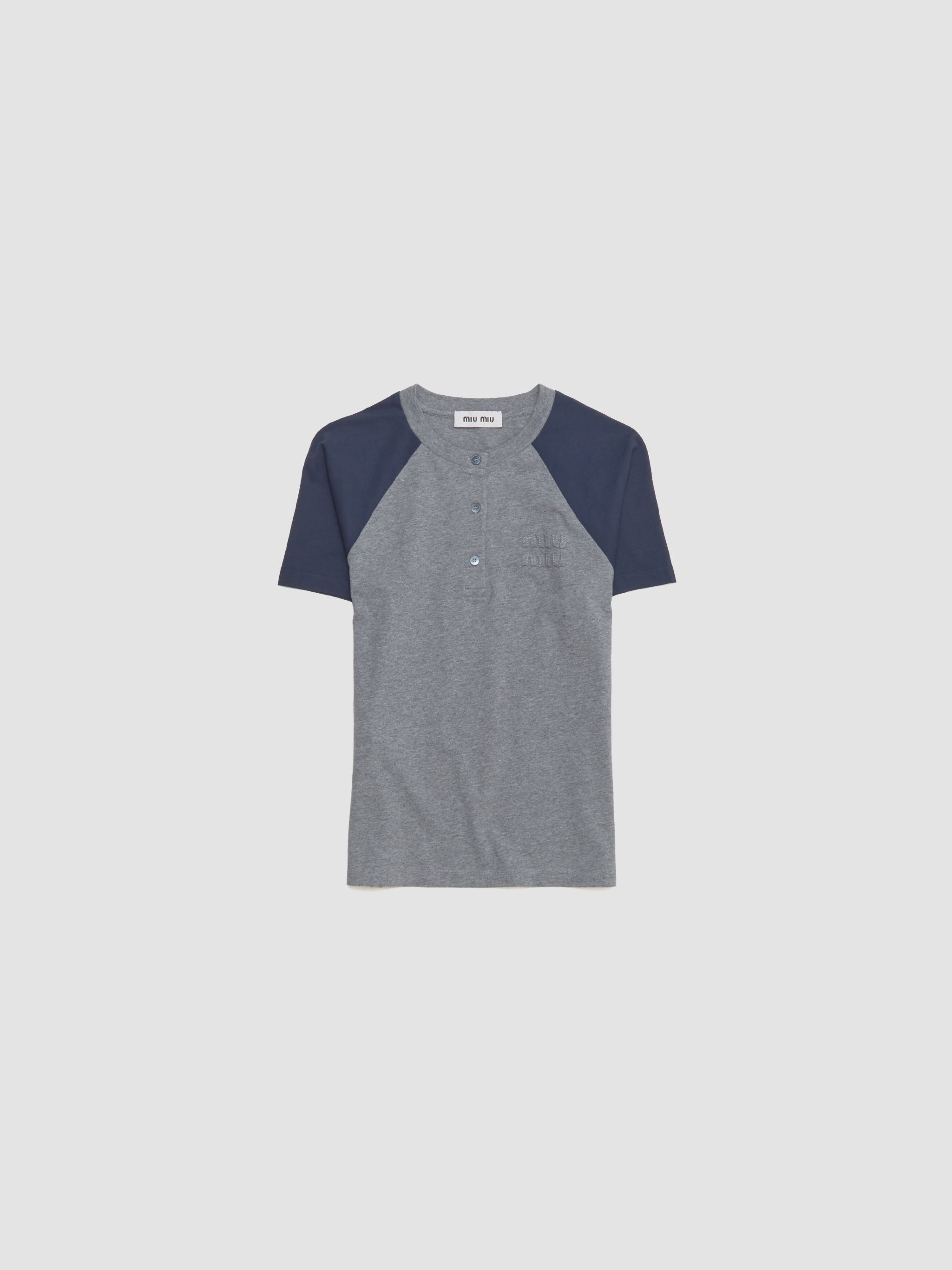 Jersey T-Shirt with Buttons in Grey & Blue