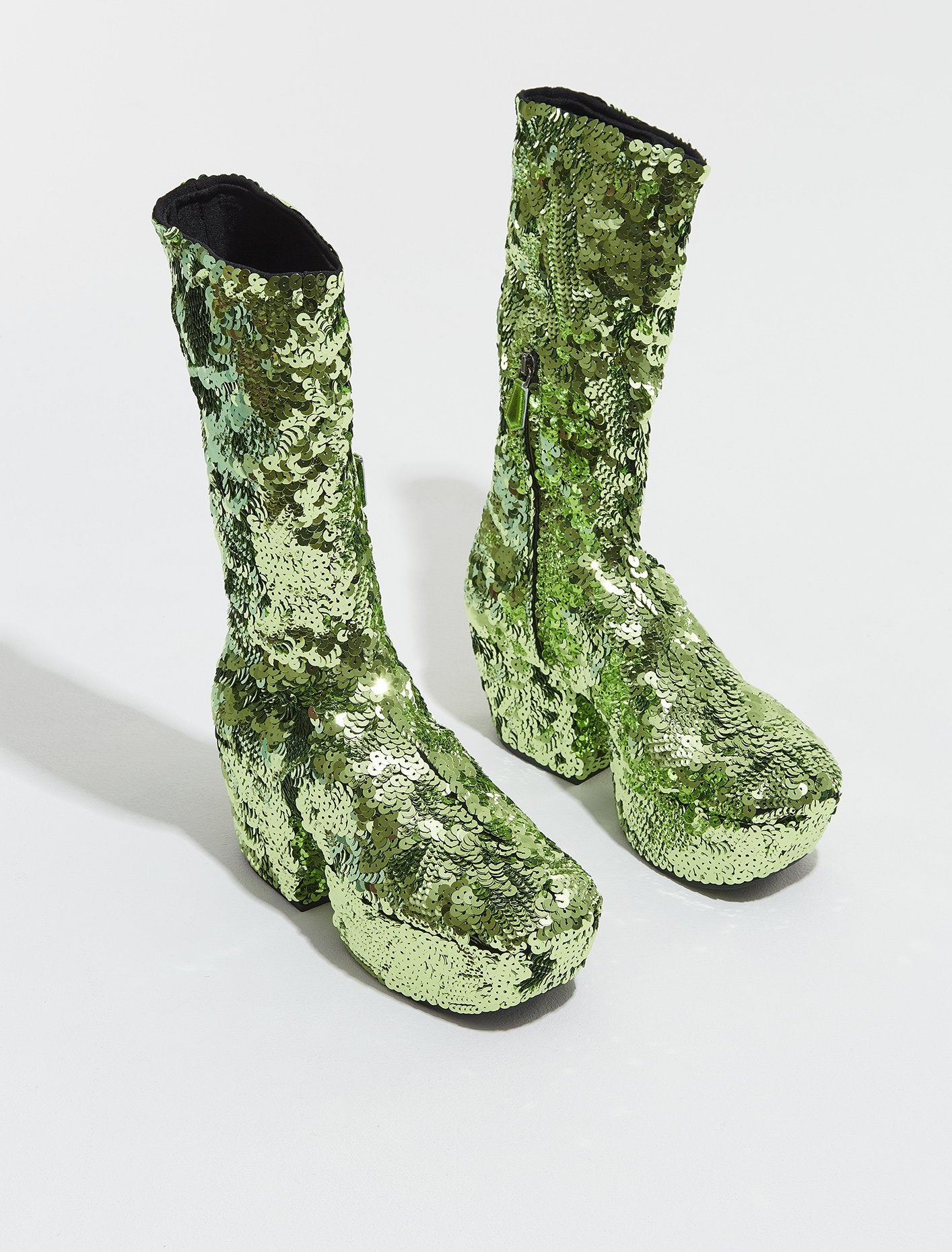 Sequinned Platform Boots in Lime