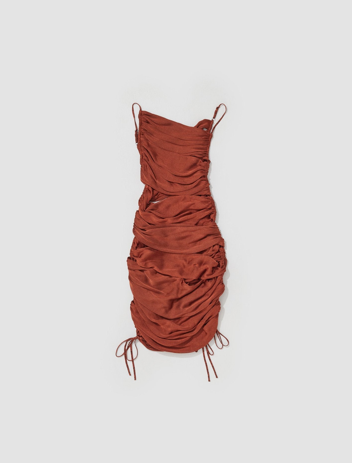 Ruched Appleskin Strap Dress in Rust