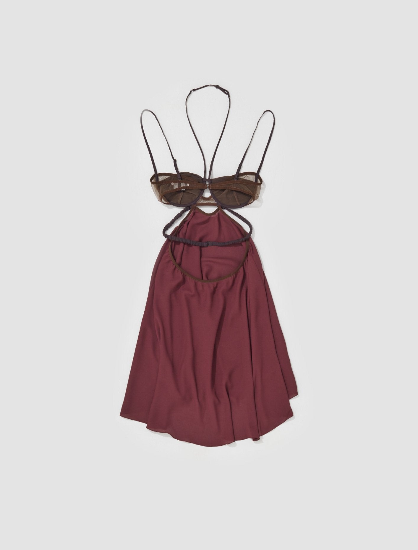 Draped Double Bra Dress with Rouched Straps in Burgundy