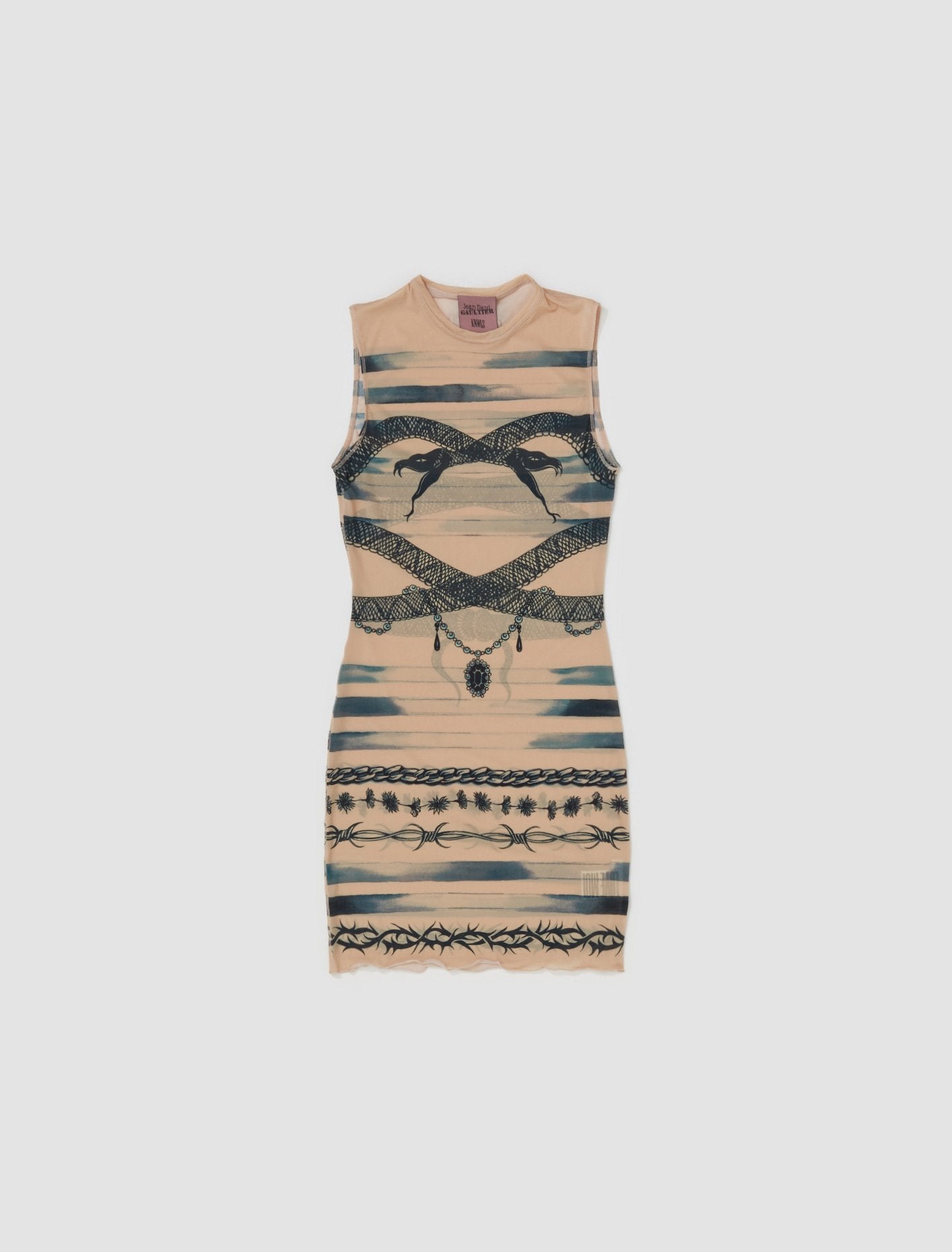 x KNWLS Trompe L'oeil Tattoo Printed Dress in Nude & Grey