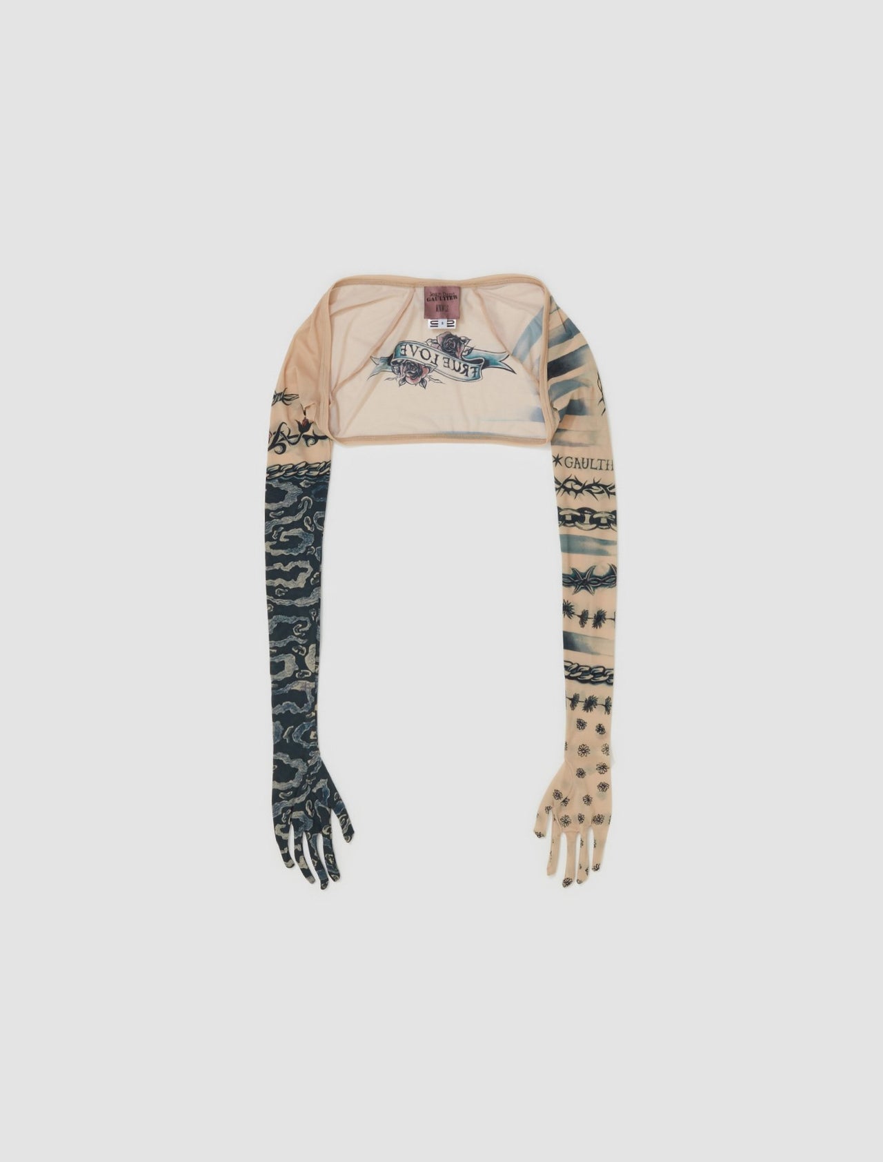 x KNWLS Trompe L'oeil Tattoo Printed Longsleeve Gloves in Nude & Grey