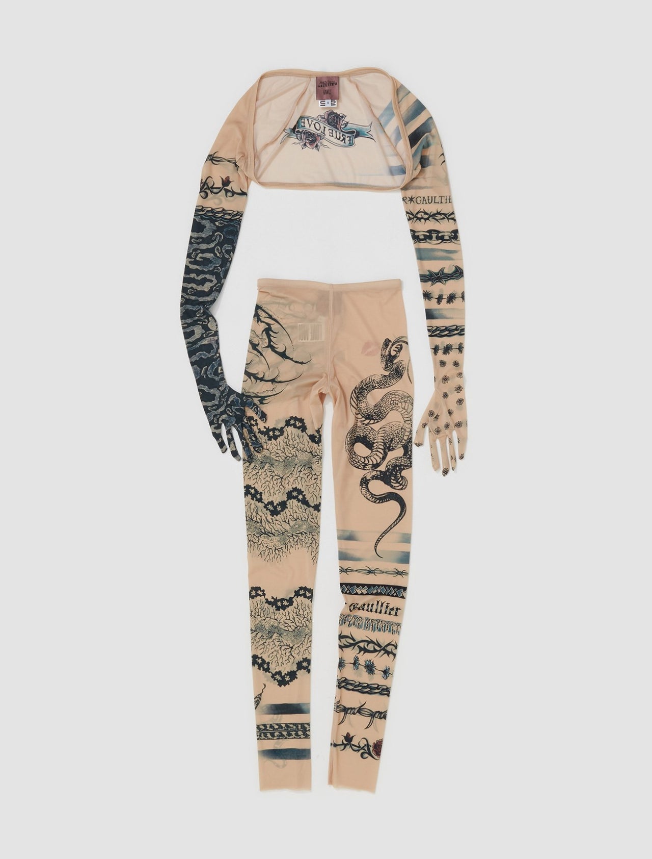 x KNWLS Trompe L'oeil Tattoo Printed Longsleeve Gloves in Nude & Grey