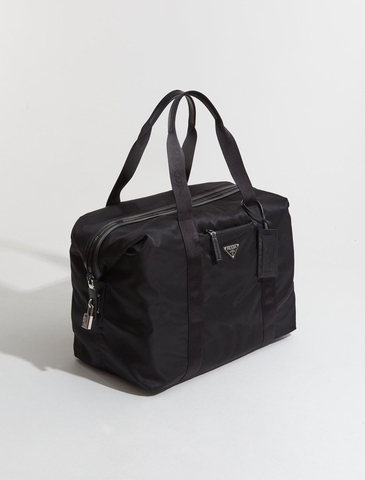 Re-Nylon and Saffiano Leather Travel Bag in Black