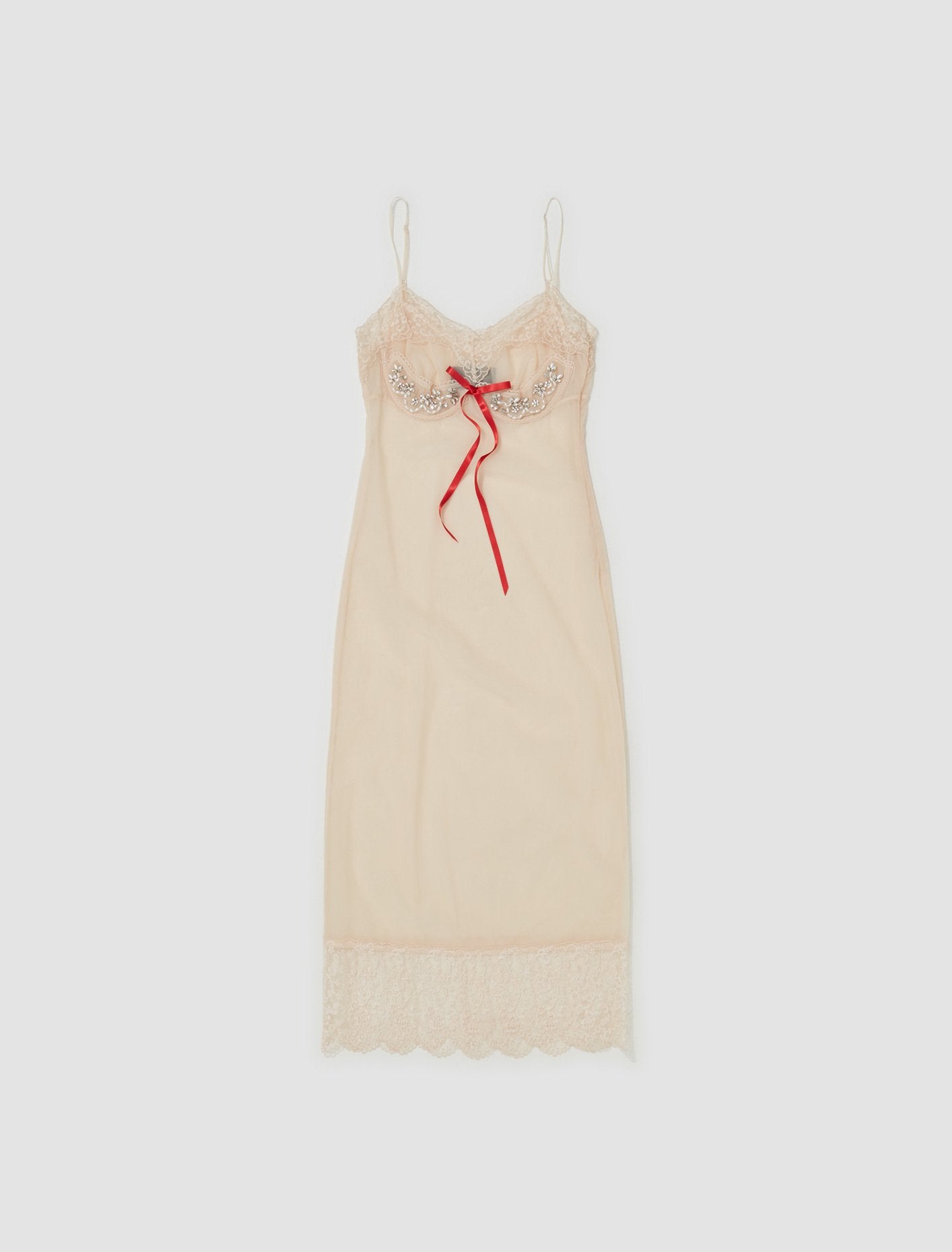 Sheer Slip Dress with Bow Detail and Emblem in Nude