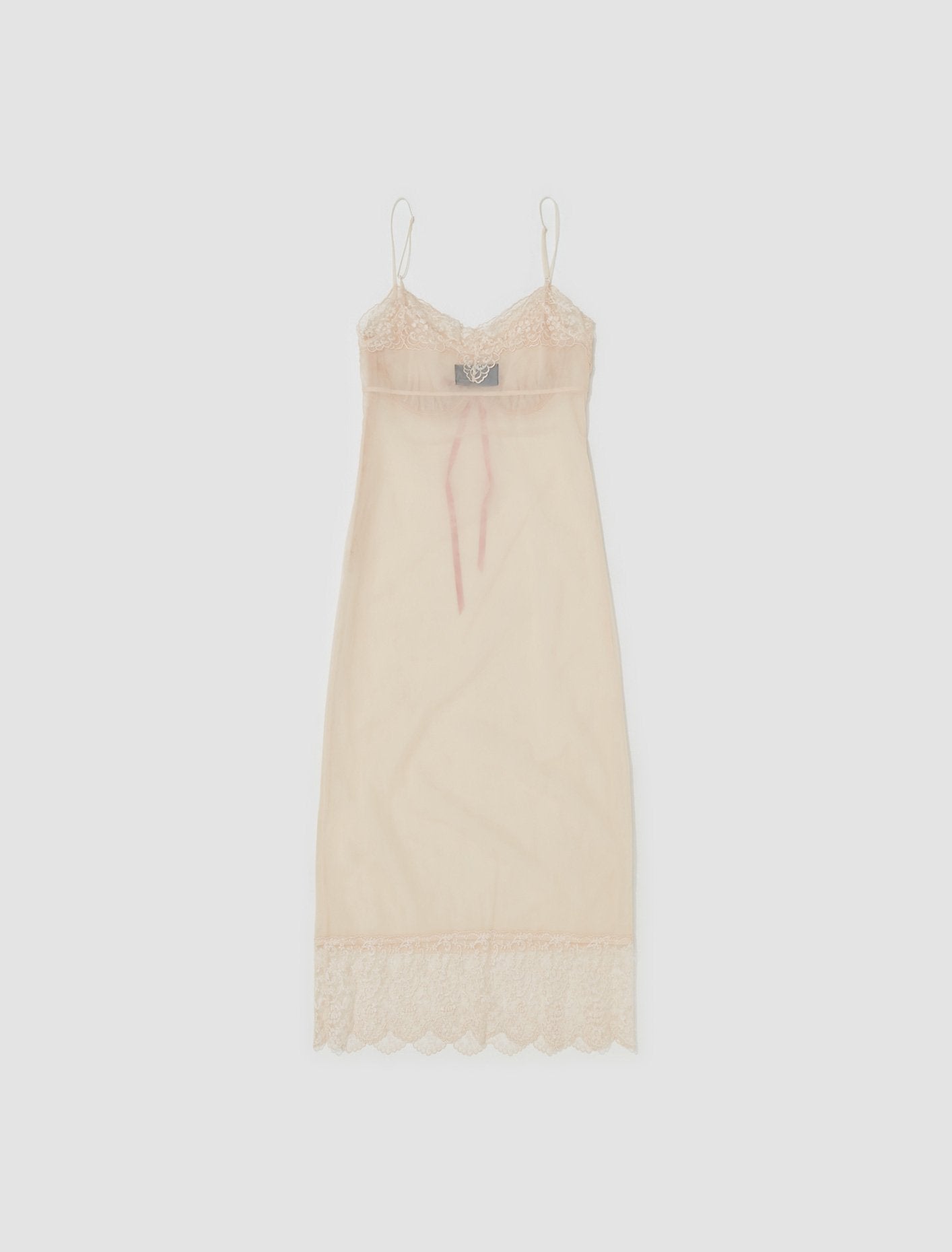 Sheer Slip Dress with Bow Detail and Emblem in Nude