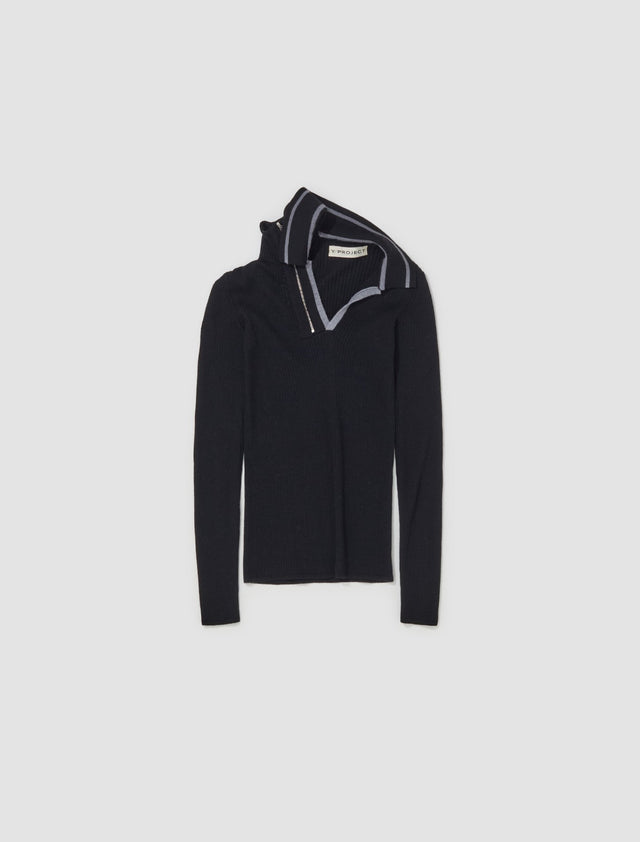 Double Collar Fitted Sweater in Evergreen Black