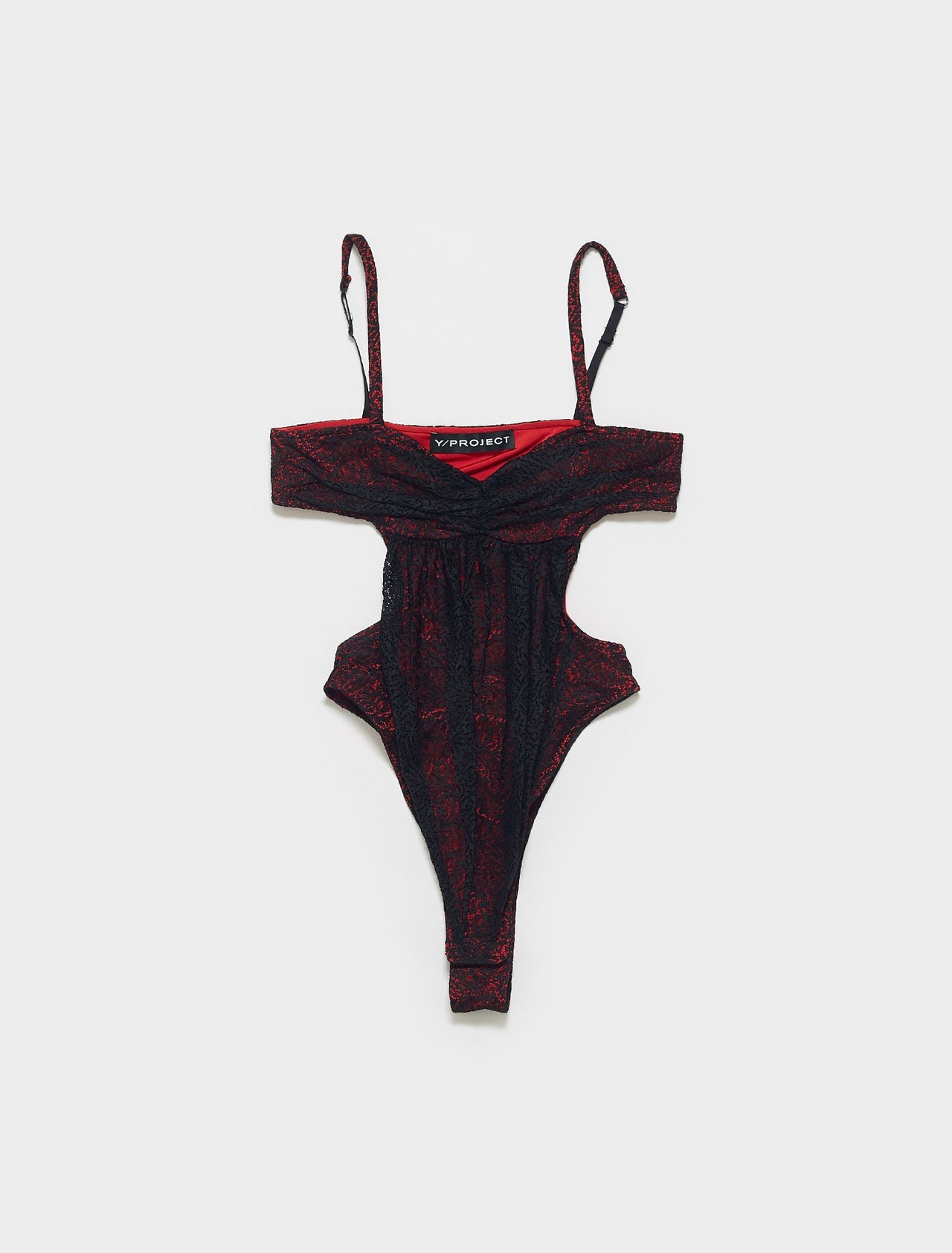 Ruched Cut-Out Lace Bodysuit In Black & Red