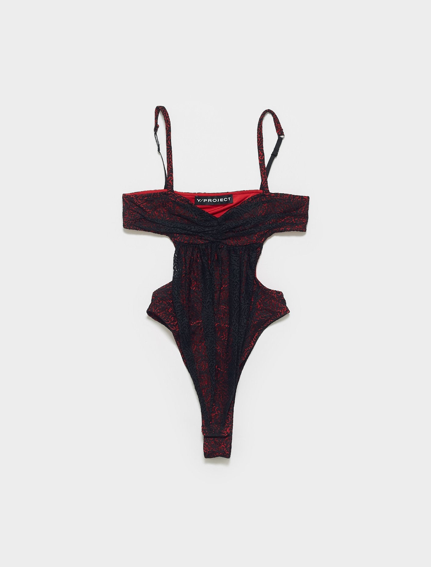 Ruched Cut-Out Lace Bodysuit In Black & Red