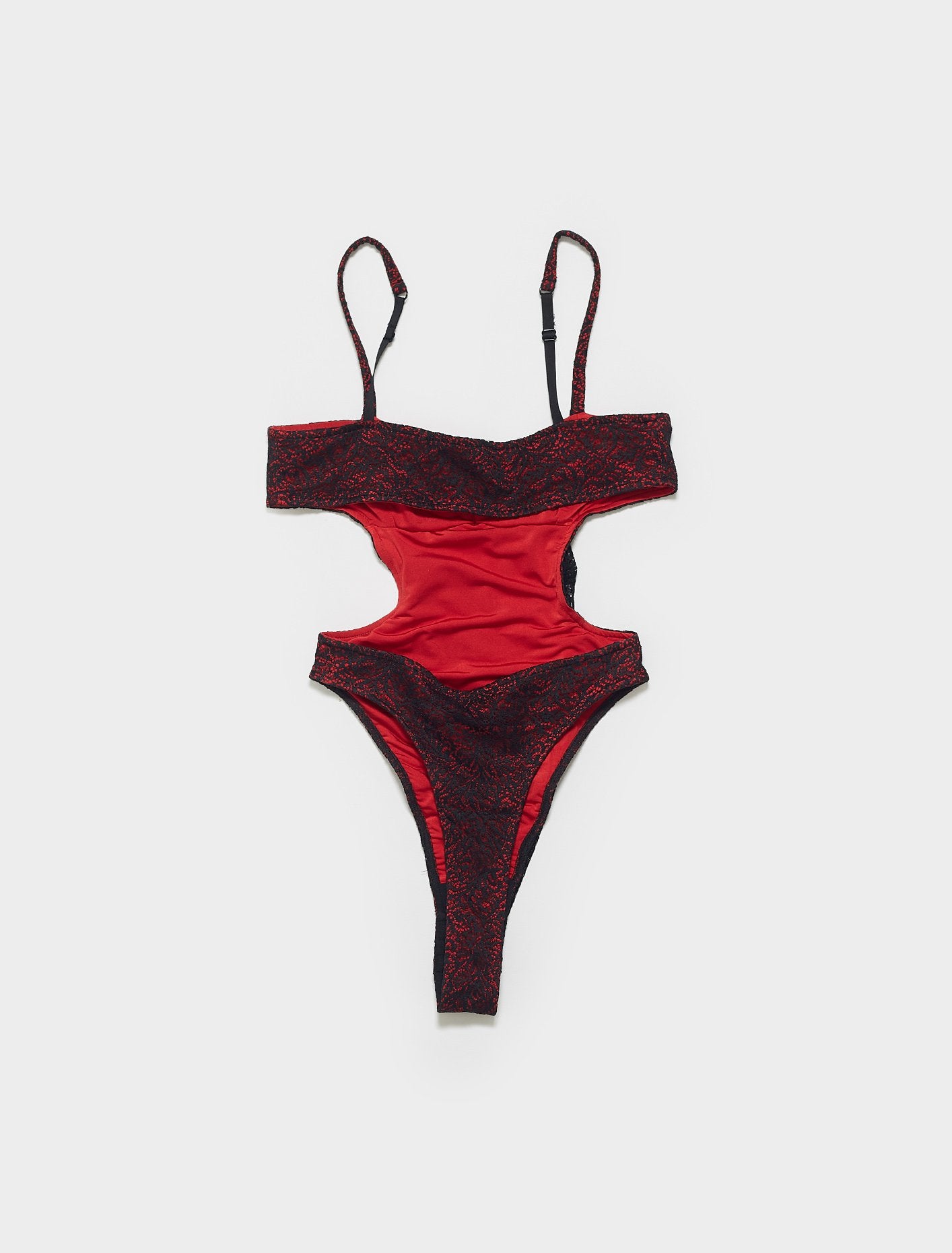 Ruched Cut-Out Lace Bodysuit In Black & Red