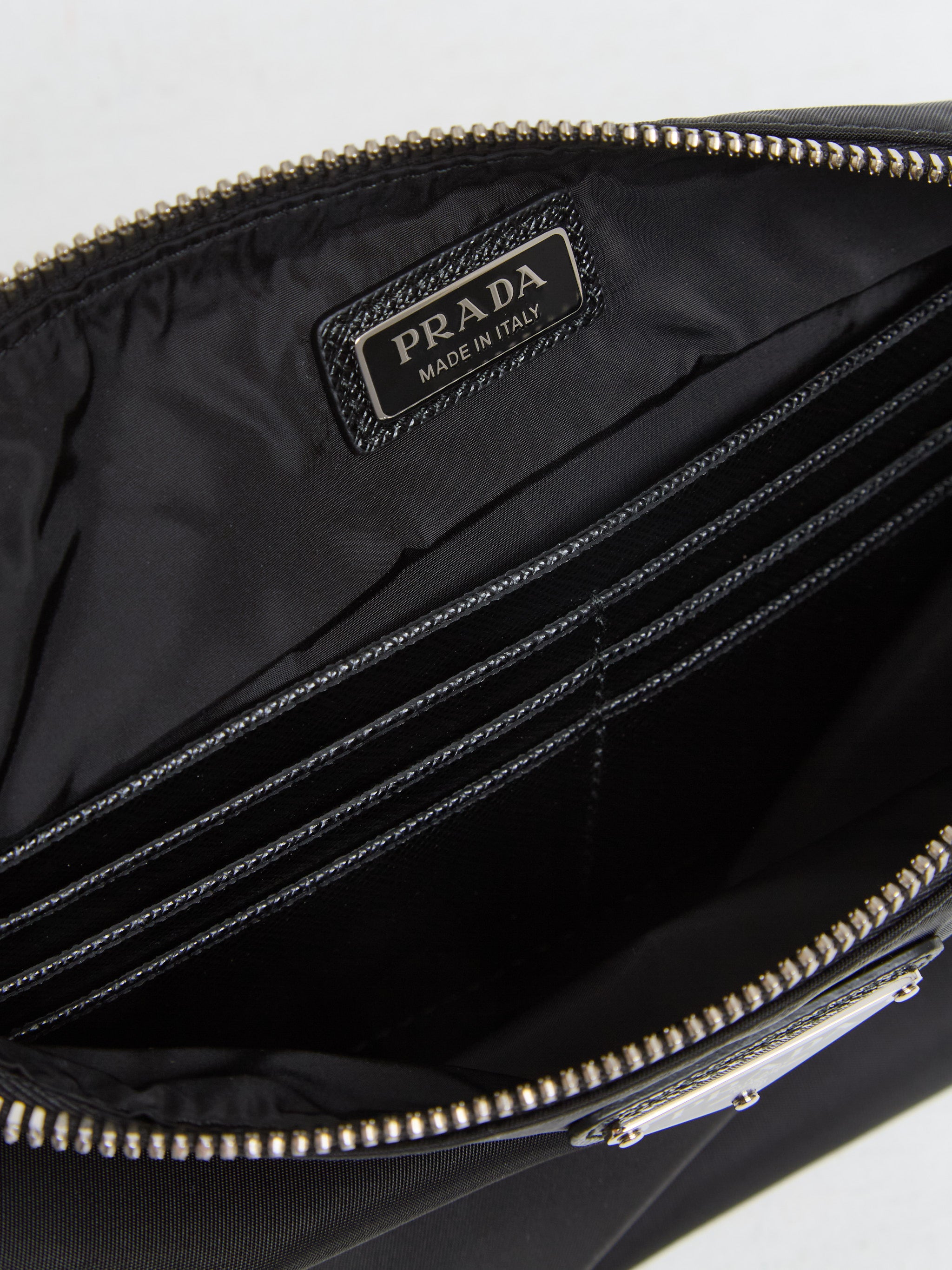 Re-Nylon and Saffiano Leather Pouch in Black