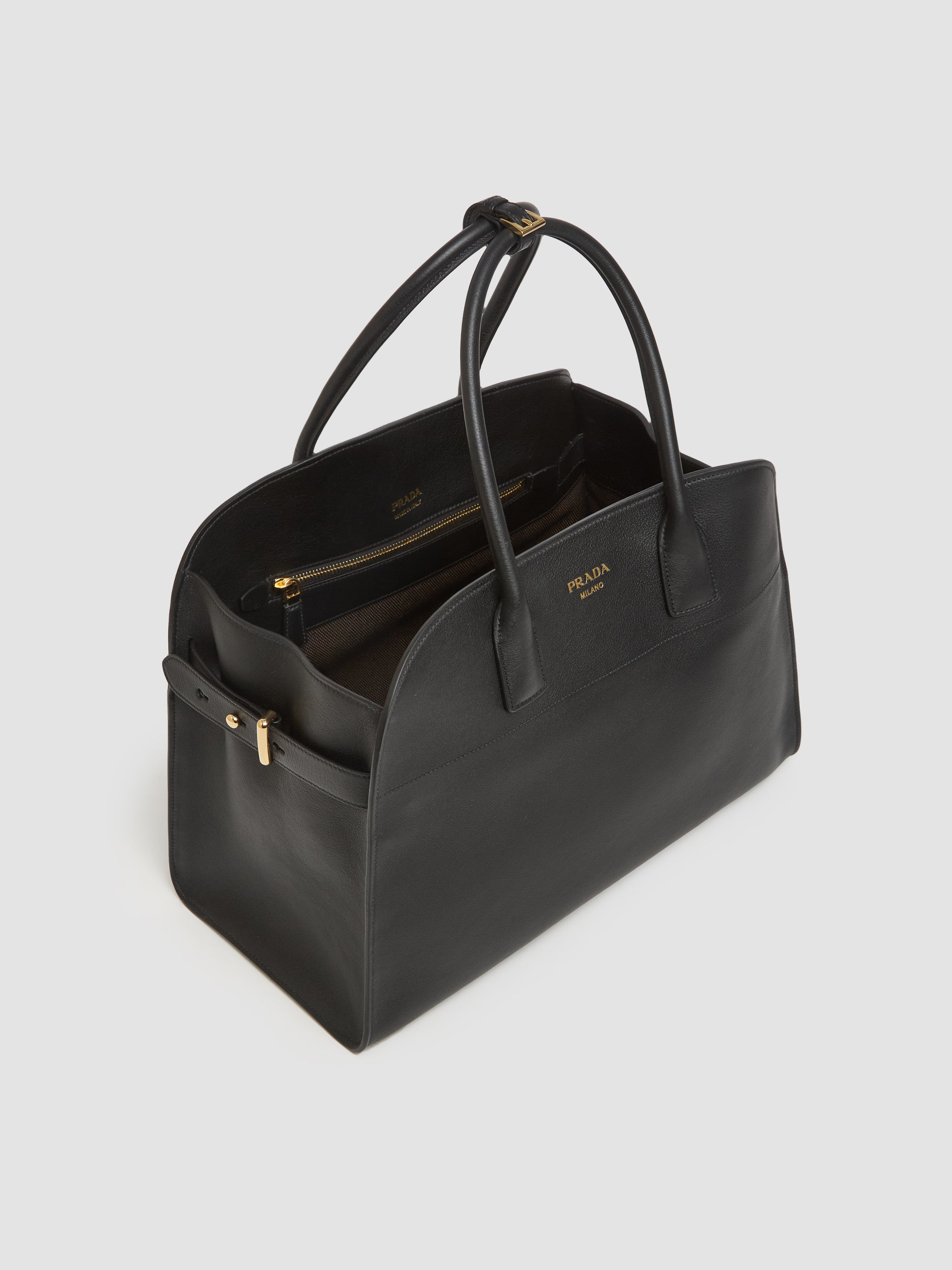 Large Leather Tote Bag with Buckles in Black