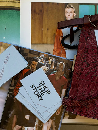 Collage of fashion images with a 'Shop the Story' card and a red textured bag.